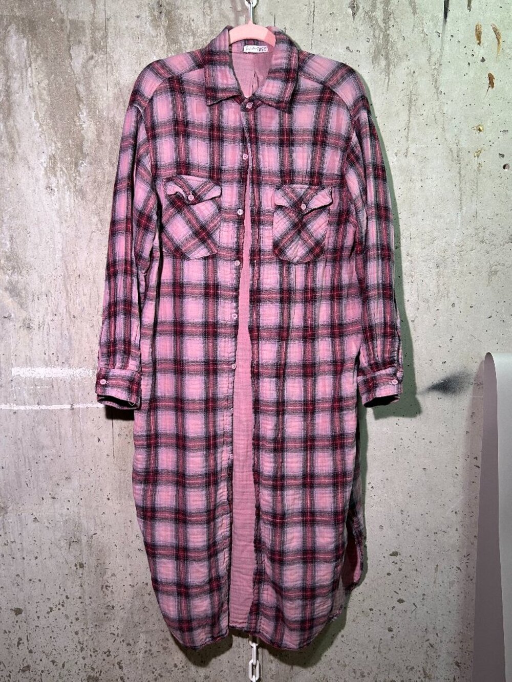 Plaid Button Down Duster in Pink